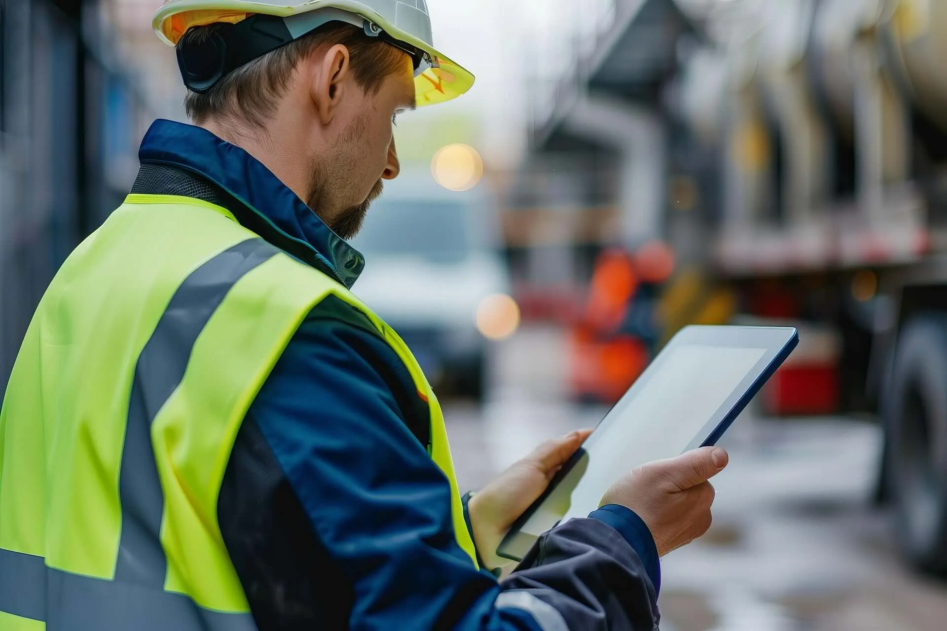 Roofing Male Caucasian construction worker in hard hat and yellow vest holds tablet - Lindholm Exteriors